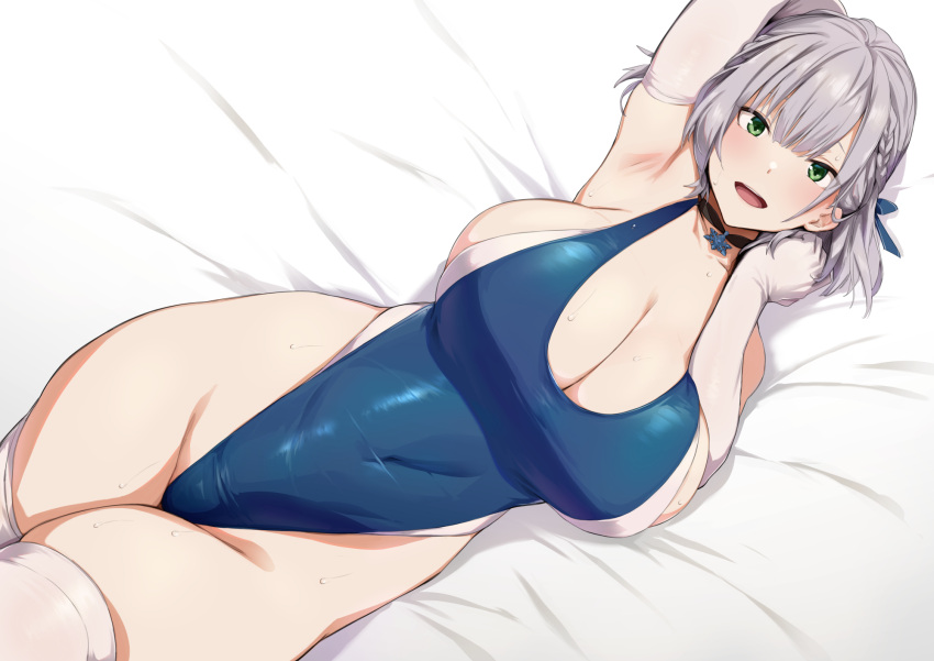 1girls 2022 alternate_version_available arm_up armpit armpits armwear bangs bed_sheet blue_one-piece_swimsuit blue_swimsuit blue_swimwear braid breasts choker cleavage covered_navel elbow_gloves female female_only gin_mitsu gloves green_eyes groin highleg highleg_swimsuit highres hololive hololive_fantasy hololive_japan huge_breasts light-skinned_female light_skin looking_at_viewer lying lying_on_back on_back one-piece_swimsuit open_mouth presenting_armpit shirogane_noel short_hair silver_hair simple_background smile solo swimsuit thighhighs virtual_youtuber white_armwear white_background white_gloves white_legwear