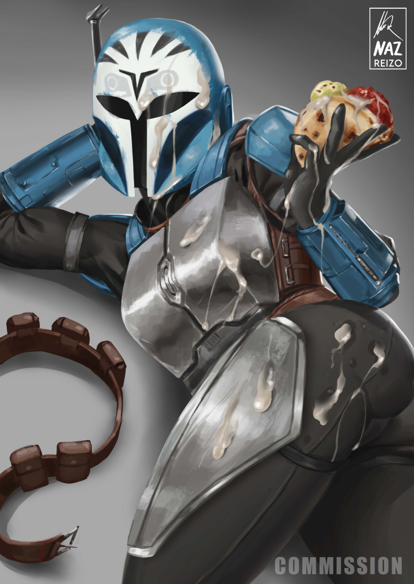 1girls armor armour ass ass_up belt bo-katan_kryze commission cuirass cum cum_covered cum_drip cum_on_armor cum_on_ass cum_on_body cum_on_face cum_on_food cum_on_helmet cum_on_mask cum_on_thighs cum_on_upper_body cumshot facial female food food_play gauntlets helmet holding_food looking_at_viewer lucasfilm lying_down mandalorian mask masked nazreizo_(artist) presenting star_wars taco