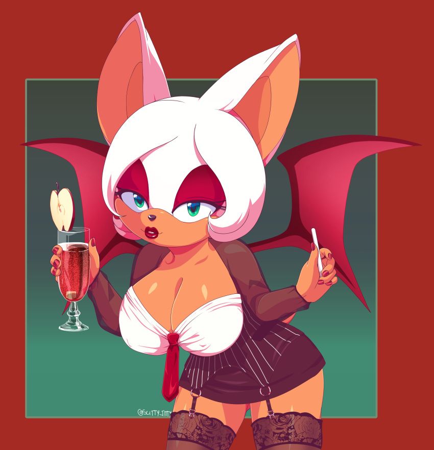 2022 absurd_res anthro apple bat_wings beverage breasts chiropteran cleavage clothed clothing colored_nails container cup eyeshadow female green_eyes hair hi_res holding_object legwear lipstick makeup mammal membrane_(anatomy) membranous_wings nails necktie rouge_the_bat scittykitty sega solo sonic_(series) sonic_the_hedgehog_(series) tan_body tan_skin tie white_hair wings_folded