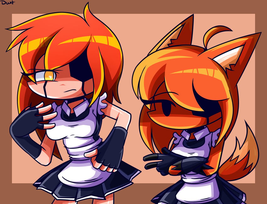 2females 2girls duxt embarrassed female females_only fox_ears fox_girl fox_humanoid fox_tail friday_night_funkin long_hair looking_at_viewer maid maid_dress maid_headdress maid_outfit maid_uniform minus_ruria(redsty.phoenix) orange_hair pov ruria(redsty.phoenix)