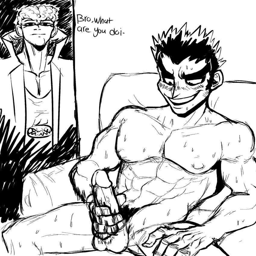 2boys black_hair caught_masturbating danganronpa danganronpa:_trigger_happy_havoc gay kiyotaka_ishimaru male_masturbation male_only masturbation mondo_oowada muscular_male shlugbear smooth_skin walk-in yaoi