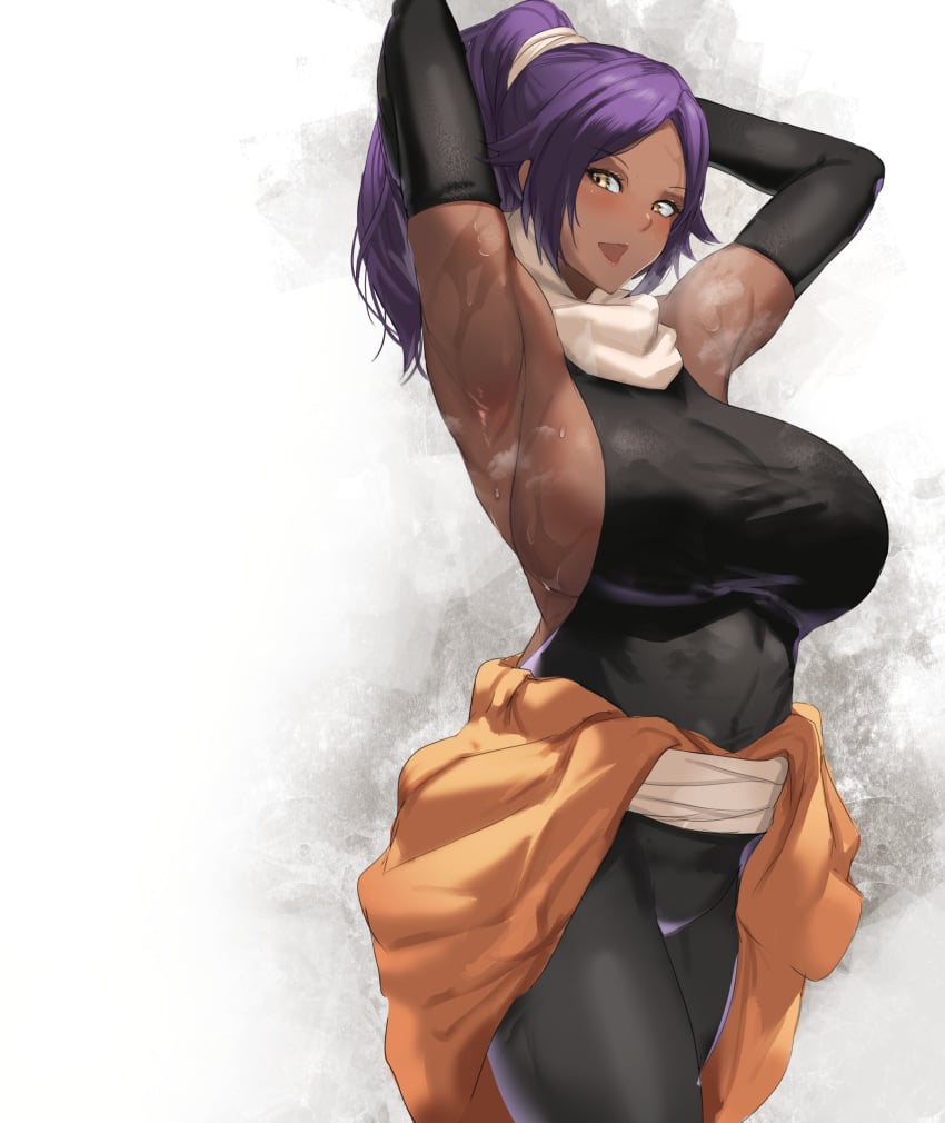 armpits bleach breasts brown_eyes dark-skinned_female detached_sleeves female large_breasts long_hair looking_at_viewer ponytail purple_hair sakanaaj1 shihouin_yoruichi smell solo sweat