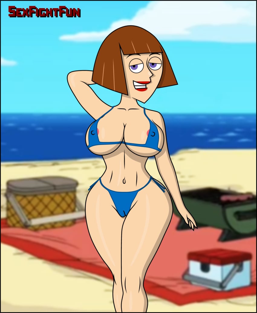 beach beach_background big_breasts bikini bikini_bottom bikini_top blue_bikini blue_swimsuit brown_hair cameltoe danny_phantom erect_nipples madeline_fenton micro_bikini mini_bikini nickelodeon pussy sea sexfightfun smiley_face swimsuit