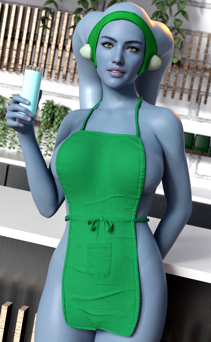 3d alien alien_girl apron arm_behind_head arm_up background big_breasts blue_milk blue_skin breasts detailed_background drinking_glass eyelashes eyes front_view gooddavy green_clothing green_eyes headgear holding_glass holding_object large_breasts looking_at_viewer milk naked_apron open_eyes original_character parted_lips partially_clothed restaurant standing star_wars teeth twi'lek voluptuous