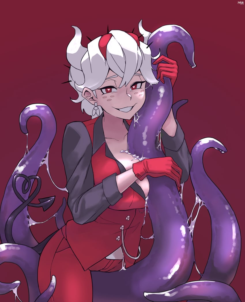 1girls beelzebub_(helltaker) big_breasts breasts clothed clothing fe4kim female freckles gloves helltaker horn horns light-skinned_female light_skin paizuri purple_tentacles red_eyes slq smile tail tentacle tentacle_between_breasts tentacle_grab tentacle_paizuri titjob vest white_hair