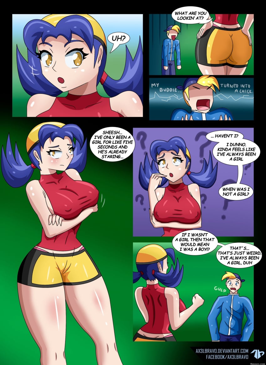 ass ax3lbravo bandana big_breasts blue_hair blush comic english_text ethan_(pokemon) gender_transformation genderbend kris_(pokemon) nipples_visible_through_clothing pokemon shorts speech_bubble thick thick_thighs twintails