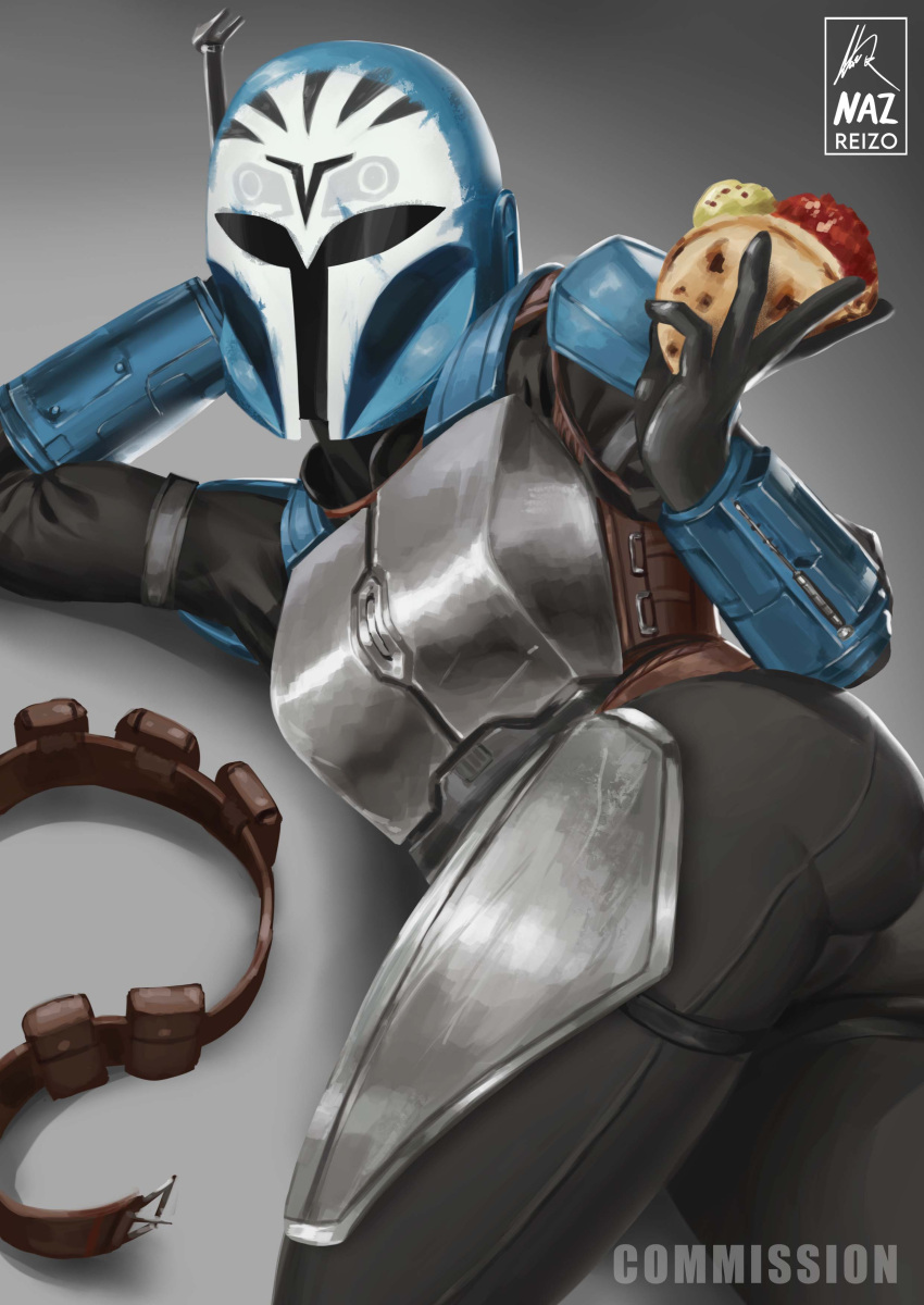 1girls armor armour ass ass_up belt bo-katan_kryze commission cuirass female food gauntlets helmet holding_food looking_at_viewer lucasfilm lying lying_down mandalorian mask masked nazreizo_(artist) pinup pose presenting star_wars taco text the_mandalorian