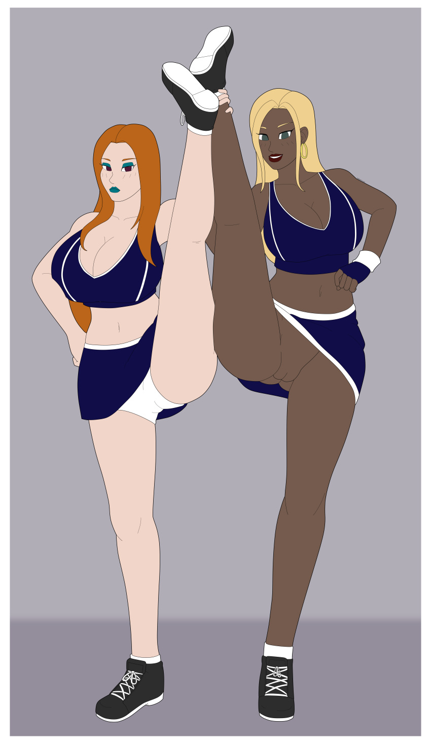 athorment big_breasts blonde_hair bottomless cheerleader cheerleader_outfit cheerleader_uniform cleavage dark-skinned_female leg_lift light-skinned_female looking_at_viewer skirt_lift tagme thighs