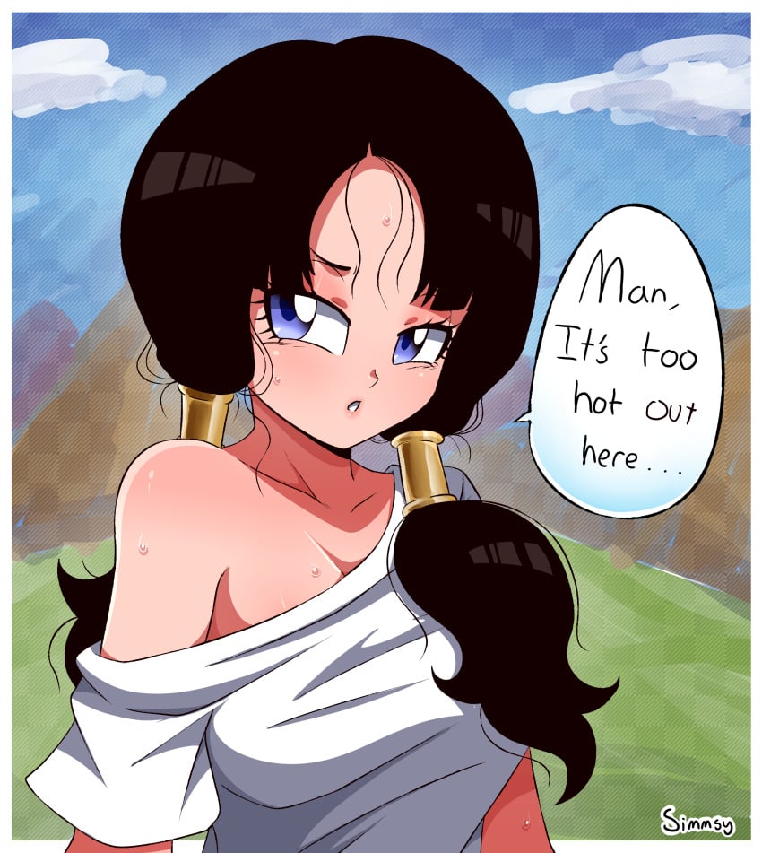 1girls black_hair blue_eyes breasts clothing cute dragon_ball female female_only human human_only shounen_jump simmsy solo solo_female sweat sweaty tomboy twintails videl