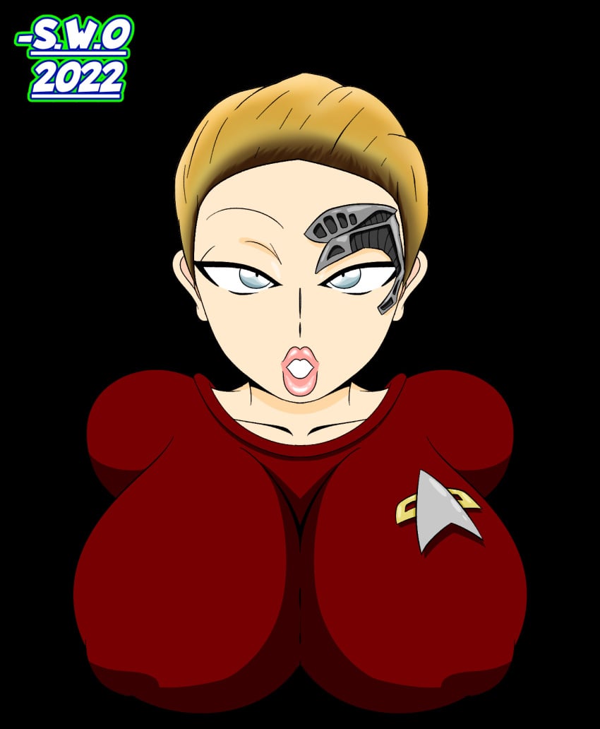 2022 bimbo borg_(species) clothed collarbone cyborg female huge_breasts humanoid implants looking_at_viewer nipple_bulge open_mouth seven_of_nine solo star_trek star_trek_voyager starfleet_insignia super_weird_one