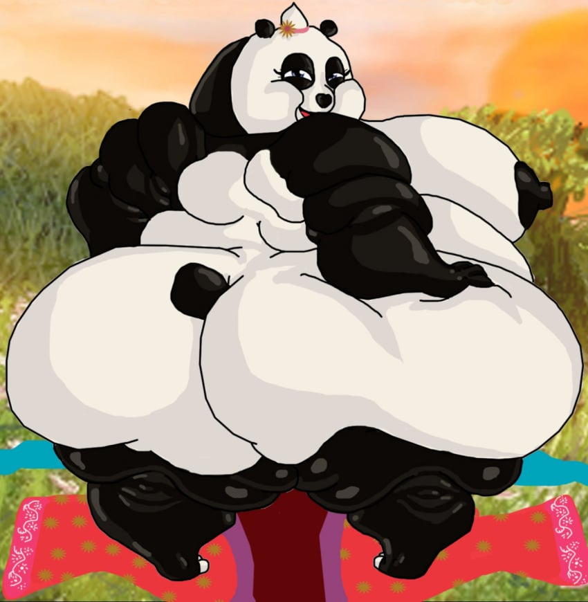 anthro bear black_fur dreamworks female fritztcatking furry giant_panda huge_breasts kung_fu_panda looking_back mei_mei_(kung_fu_panda) obese obese_female open_mouth overweight panda solo tail ursine white_fur