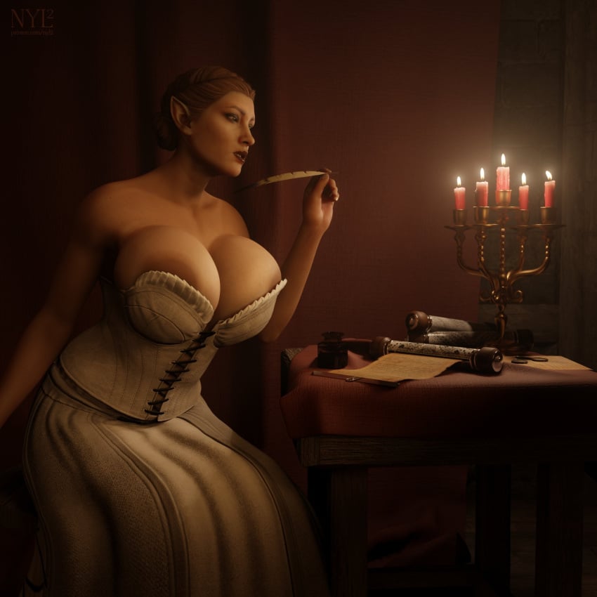 1girls 2022 3d areola_slip areolae athletic_female baldur's_gate baldur's_gate_3 bare_shoulders big_areola blender breast_rest breasts bursting_breasts candelabra candle candle_holder candlelight candles classy clavicle cleavage collarbone corset dress dungeons_and_dragons elf exposed_shoulders fantasy feather female female_only forgotten_realms hair_bun holding_object huge_areolae huge_breasts hyper_areola large_areolae lyria_(nyl2) medieval nyl2 paper pointy_ears red_candles robe scroll short_ears sitting solo the_bordello_(nyl2) updo victorian white_dress writing writing_feather writing_quill