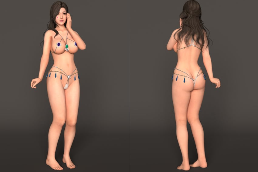 1girls 3d ass ass_cleavage backboob beauty_mark brown_hair bubble_butt butt_crack cleavage dead_or_alive dead_or_alive_xtreme_venus_vacation front_and_back g-string heart_tattoo huge_breasts long_hair sayuri_(dead_or_alive) shuubaru teardrop_bikini venus_bikini voluptuous