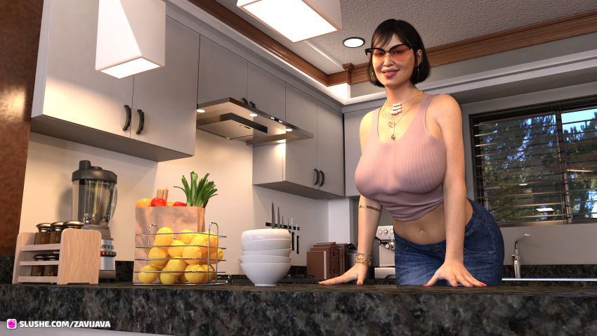 3d clothed clothing glasses huge_breasts indoors jeans large_breasts leaning_forward looking_at_viewer milf necklace pinup short_hair slushe_(website) solo_female zavijava