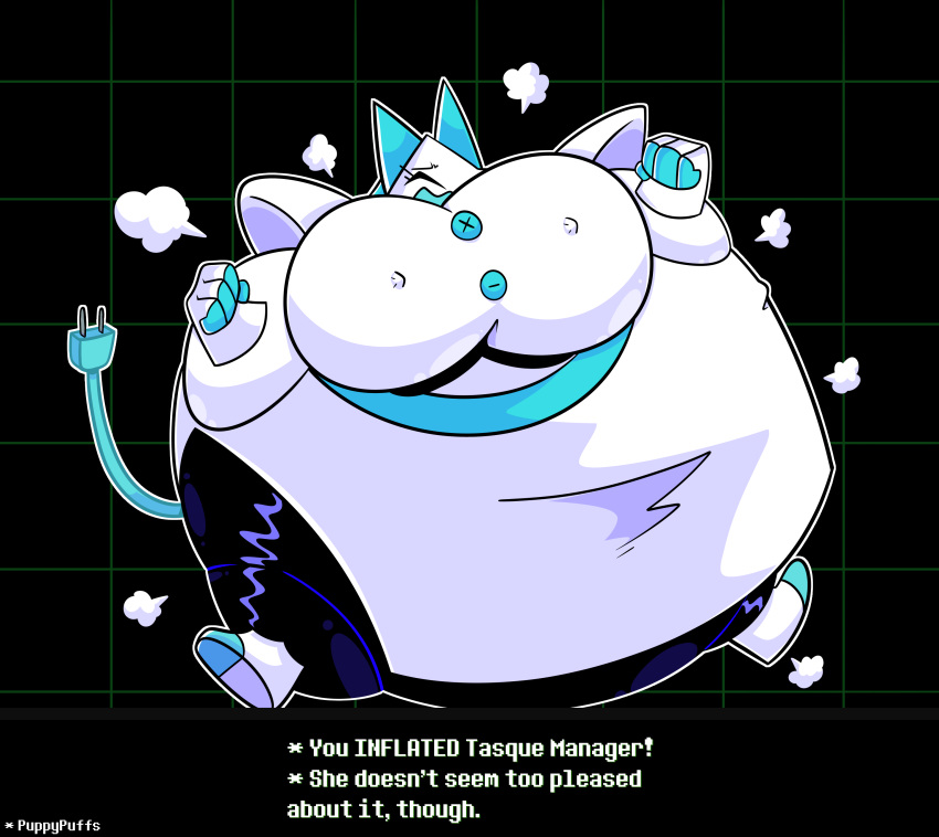 1girls air_inflation belly_expansion breasts deltarune deltarune_chapter_2 english_text fat female female_only full_body_inflation fwoompcrrkpop inflated_belly inflation large_breasts nipples_visible_through_clothing puppypuffs self_fondle solo spherical_inflation sunken_head sunken_limbs tagme tasque_manager_(deltarune) text