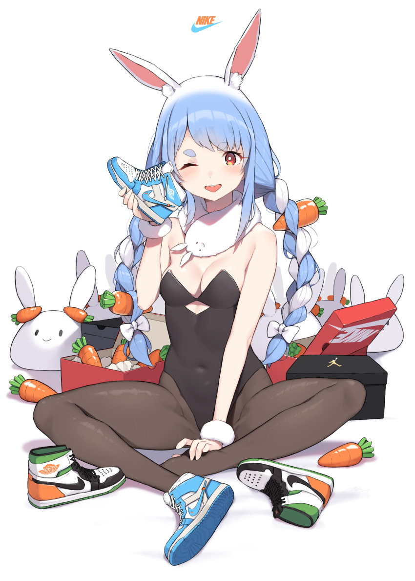 1girls ;d absurdres air_jordan animal_ear_fluff animal_ears bangs black_leotard blue_hair blush bow bows bows_in_hair box boxes braid braided_hair braids breasts bunny_ears bunny_girl bunnygirl carrot carrot_hair_ornament carrot_in_hair carrots circle_eyebrows cloba color colored commentary don-chan_(usada_pekora) eyebrows_visible_through_hair eyelashes_visible_through_hair female food food-themed_hair_ornament footwear full_body hair_ornament hairbow highres holding_shoe hololive hololive_fantasy hololive_japan legs leotard light-skinned light-skinned_female light_skin logo long_hair looking_at_viewer mouth_open multicolored_hair nike no_shoes nousagi_(usada_pekora) one_eye_closed one_shoe_on open_mouth pantyhose playboy_bunny rabbit_ears rabbit_girl shoe_box shoes single_shoe sitting sitting_down small_breasts smile sneakers strapless strapless_leotard thick_eyebrows tied_hair twin_braids two-tone_hair two_tone_hair usada_pekora vegetable virtual_youtuber white_background white_hair wink