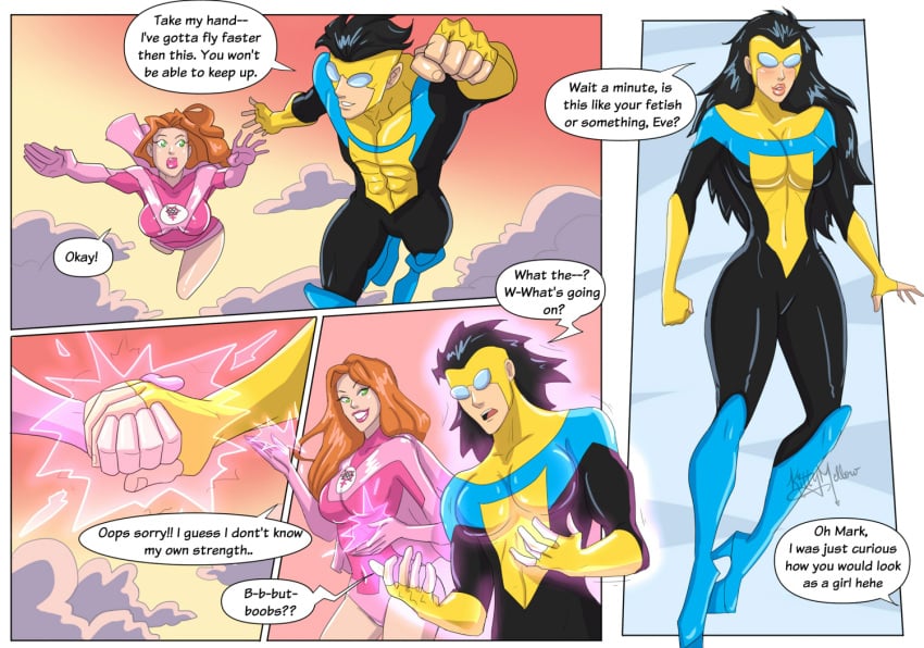 atom_eve breast_expansion comic female gender_transformation genderswap_(mtf) hair_growth high_heels invincible invincible_(comics) kittymellow large_ass large_breasts mark_grayson markie_grayson navel rule_63 thick_thighs thigh_expansion transformation wide_hips