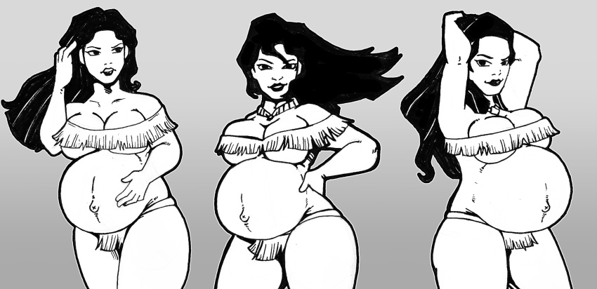 belly big_belly black_hair breasts cleavage disney disney_princess female long_hair monochrome nasuokaa-san native_american native_american_female outie_navel pocahontas pocahontas_(character) pregnant skimpy_clothes