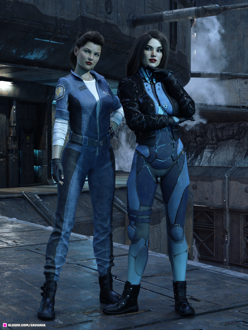 2girls 3d bodysuit female_only large_breasts long_hair medium_breasts pinup sci-fi slushe_(website) standing zavijava