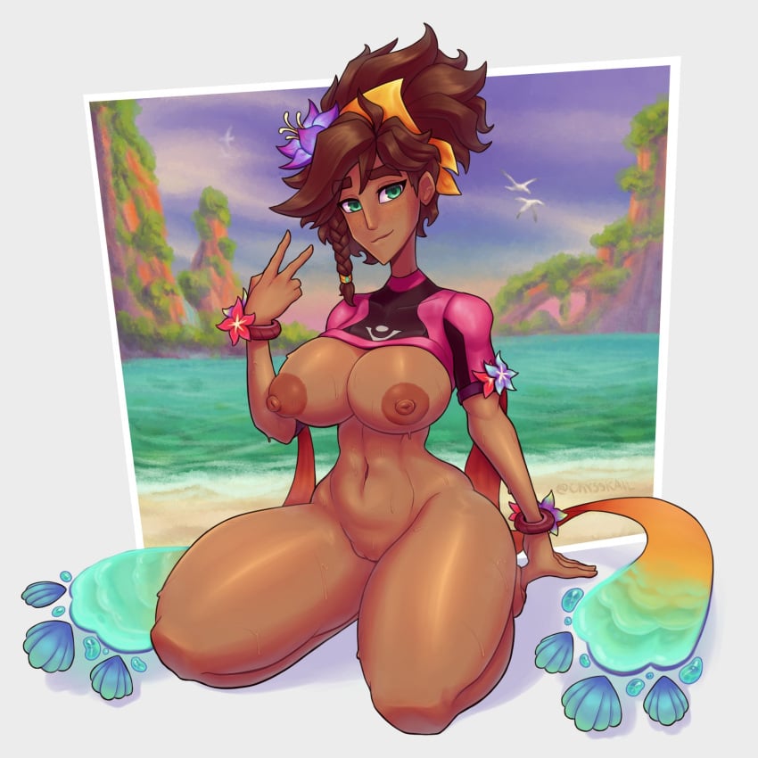 1girls areolae beach big_breasts black_hair bottomless breasts clothed clothing crysskail dark-skinned_female dark_skin detailed_background female female_only functionally_nude hourglass_figure human kneeling league_of_legends long_hair mostly_nude nipples pool_party_series pool_party_taliyah pussy shrug_(clothing) solo swimsuit taliyah thick_thighs water wide_hips