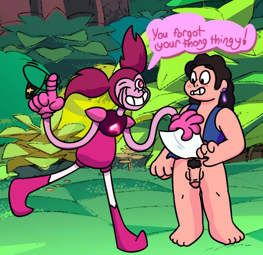 1boy 1boy1girl 1girls dwonksa embarrassed embarrassed_nude_exposure embarrassed_nude_male exposed_penis exposure lifting_skirt public_humiliation public_nudity shocked shocked_expression small_penis small_penis_humiliation smiling spinel spinel_(steven_universe) steven_quartz_universe steven_universe