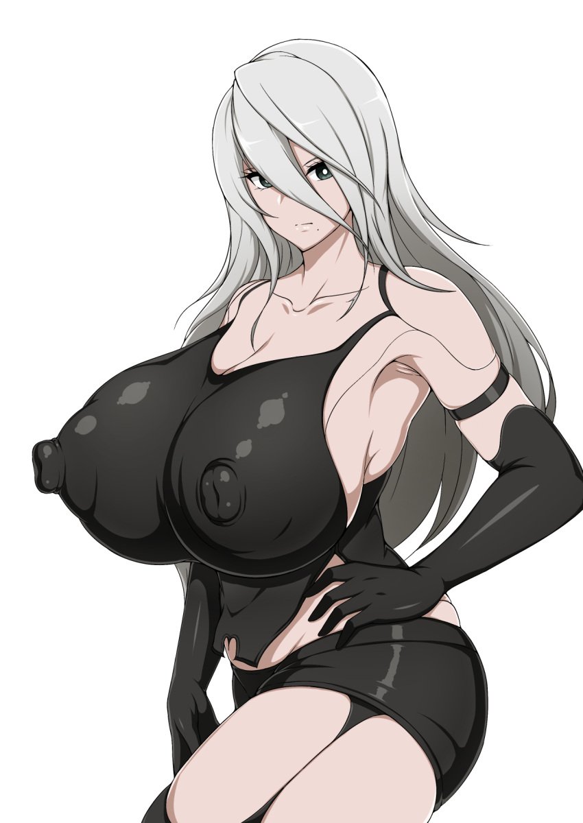 1girls big_breasts breasts breasts_bigger_than_head busty clothing female female_only huge_breasts hyper hyper_breasts impossible_fit jabara_tornado light-skinned_female light_skin long_hair nier nier:_automata solo solo_female thick_thighs voluptuous white_background white_hair yorha_a2