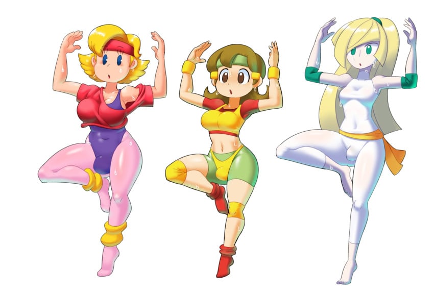 3futas 5-volt :o absurd_res aerobics aerobics_clothing blonde_hair breasts brown_hair bulge cleavage clothed clothing company_connection crossover earthbound earthbound_(series) edit exercise female fully_clothed futa_only futanari highres leotard light-skinned_futanari light_skin long_hair lusamine_(pokemon) mario_(series) medium_breasts milf minus8 mother_(series) mother_2 multiple_futa multiple_girls navel ness's_mom pokemon pokemon_sm pose short_hair simple_background sportswear sweat trait_connection wario_(series) warioware warioware_gold white_background workout workout_clothes