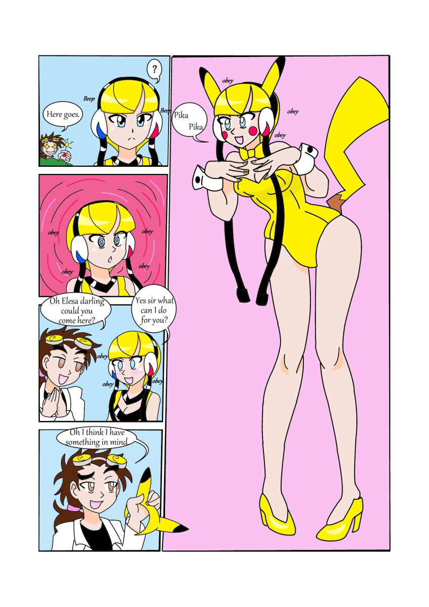 blonde_hair comic cosplay dialogue elesa_(pokemon) elesa_(pokemon_bw) female gym_leader headphones high_heels hypnosis kobi-tfs mind_control nintendo pikachu_(cosplay) pokemon pokemon_(cosplay) pokemon_rgby speech_bubble text