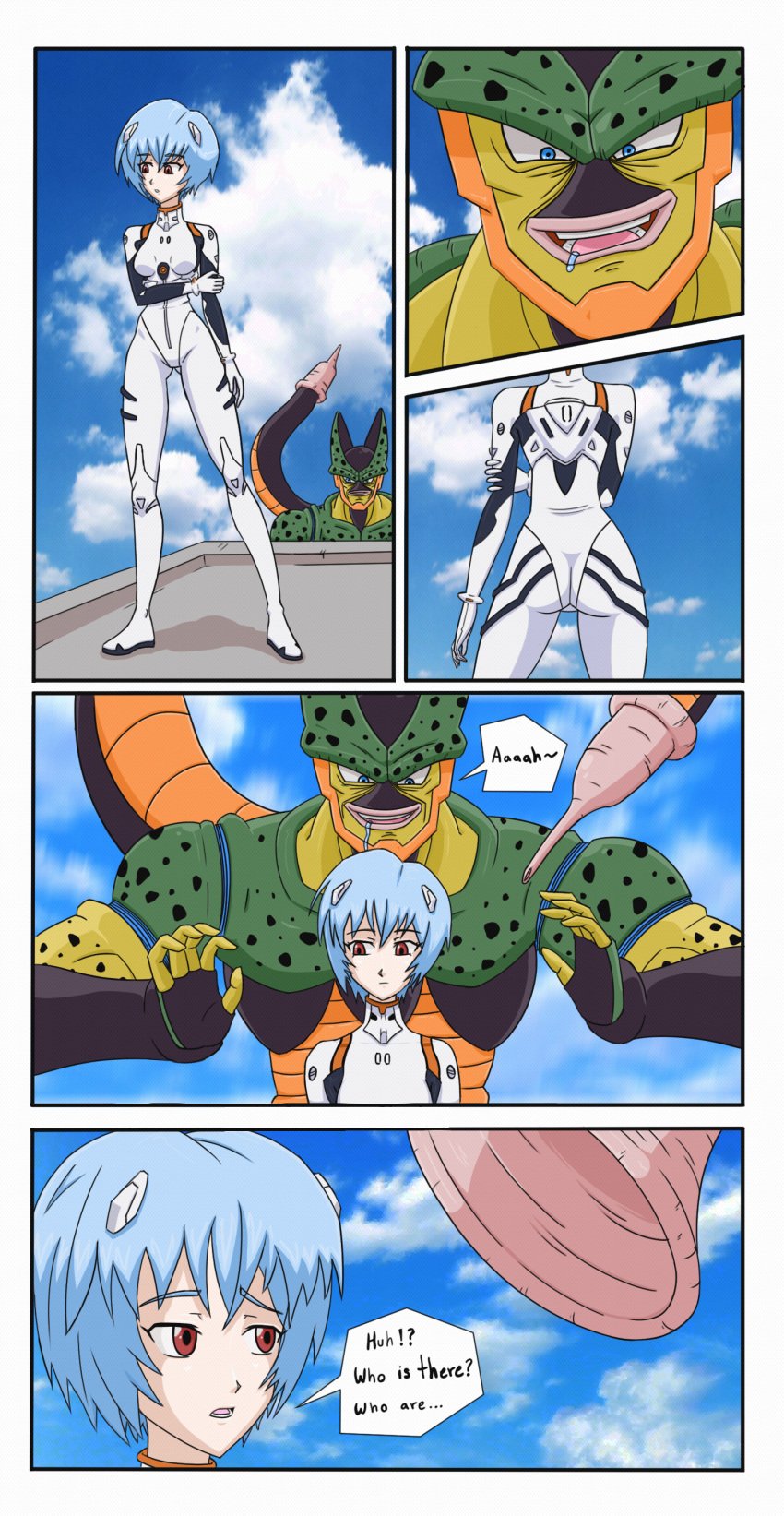 1girls 2020 big_ass big_breasts big_butt big_tail blue_eyes blue_sky breasts cell_(dragon_ball) clothing cloud clouds comic comic_page confused crossover dat_ass dragon_ball dragon_ball_z female gainax huge_tail imminent_vore large_tail legs neon_genesis_evangelion open_mouth red_hair rei_ayanami saliva saliva_trail scared shiny_tail skin_tight_suit suit tail text text_box vore white_skin yugerov