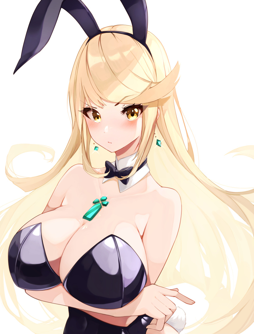 1girls 2022 bangs black_leotard blonde_hair blush bowtie bowtie_collar breasts bunny_ears bunny_girl bunnysuit cleavage core_crystal detached_collar detached_cuffs earrings embarrassed female female_only folded_arms gold_eyes hi_res huge_breasts latex leotard long_hair looking_at_viewer mythra nintendo risumi_(taka-fallcherryblossom) simple_background swept_bangs white_background xenoblade_(series) xenoblade_chronicles_2