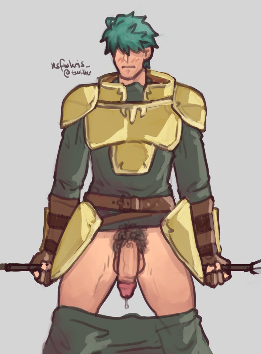 armor blush fire_emblem fire_emblem:_the_blazing_blade green_hair hair_over_eyes leaking_precum lowen_(fire_emblem) male male_only no_pants nsfwkris solo_male