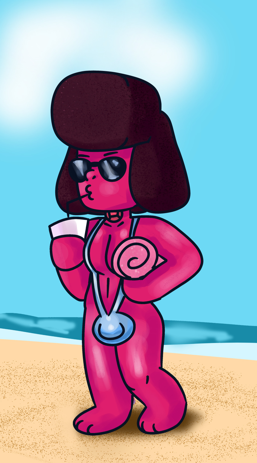 1futa barefoot beach bulge bulge_through_clothing clothed clothing drinking dwonksa futa_only futanari g-string gem_(species) holding_object humanoid mostly_nude nekky_(boxjockston) oc one-piece_swimsuit public ruby_(steven_universe) sling_bikini standing steven_universe sunglasses swimsuit_bulge