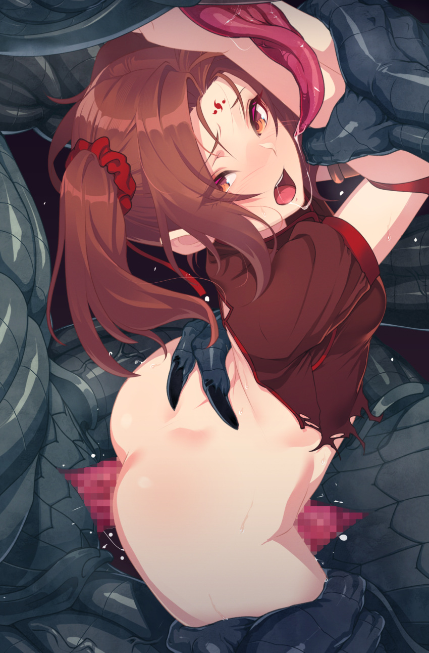 anal ass bangs breasts brown_dress brown_eyes brown_hair cleavage_cutout clothing_cutout double_penetration dress eyes_visible_through_hair facial_mark fate/grand_order fate_(series) female forehead forehead_mark highres hikichi_sakuya interspecies light_blush looking_at_viewer medium_breasts monster nezha_(fate) open_mouth parted_bangs penis red_scrunchie saliva saliva_drip scrunchie sex short_dress short_hair short_sleeves short_twintails straight sweat thighs tongue twintails vaginal_penetration