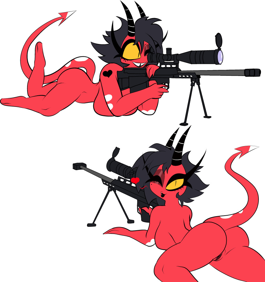 absurd_res ass big_breasts blowing_kiss breasts demon demon_humanoid female genitals gun heart heart_tattoo helluva_boss hi_res huge_breasts humanoid imp lying millie_(helluva_boss) not_furry nude on_front one_eye_closed pussy ranged_weapon rifle simple_background sniper_rifle solo spade_tail tattoo wallyroo weapon white_background wink yellow_sclera