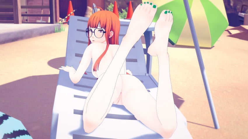 3d absurdres anus ass atlus completely_naked completely_nude feet female glasses looking_back myrotep naked nude persona persona_5 public public_nudity pussy sakura_futaba sideboob solo toenail_polish toes vagina