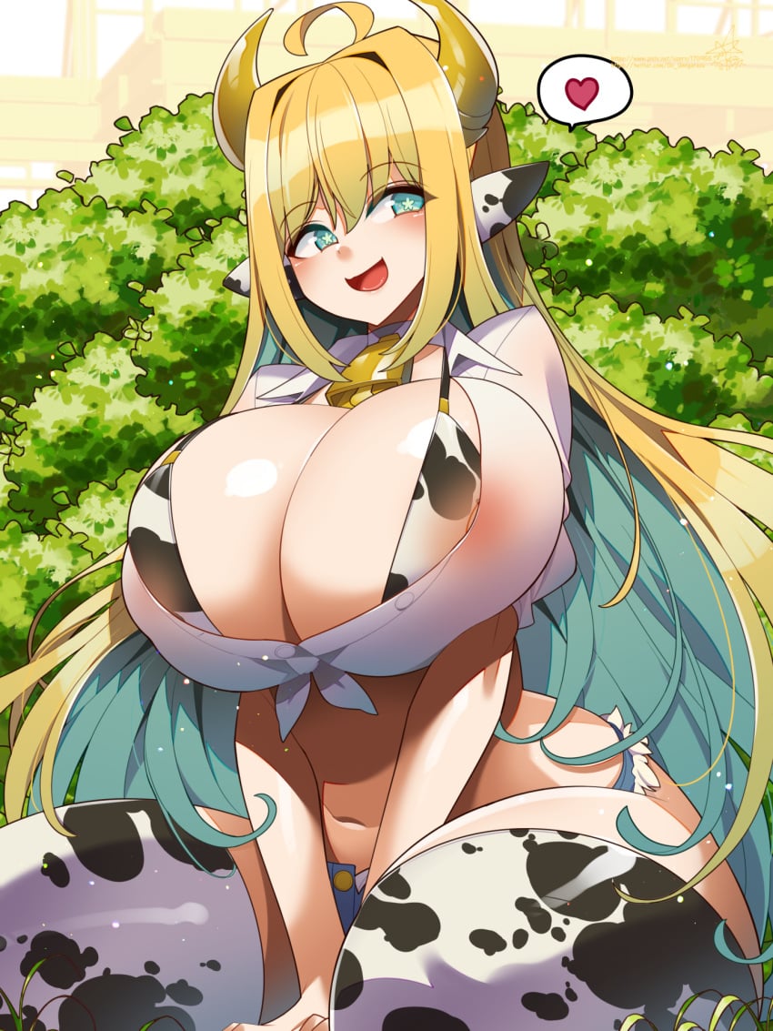 areola_slip bikini cow_ears cow_girl cow_horns cow_print cow_print_bikini cow_print_thighhighs curvy elven_forest_maker gigantic_breasts hands_between_legs last_origin nipple_slip plump see-through see-through_clothing smile spoken_heart symbol-shaped_pupils thick_thighs thighhighs voluptuous wariza wide_hips