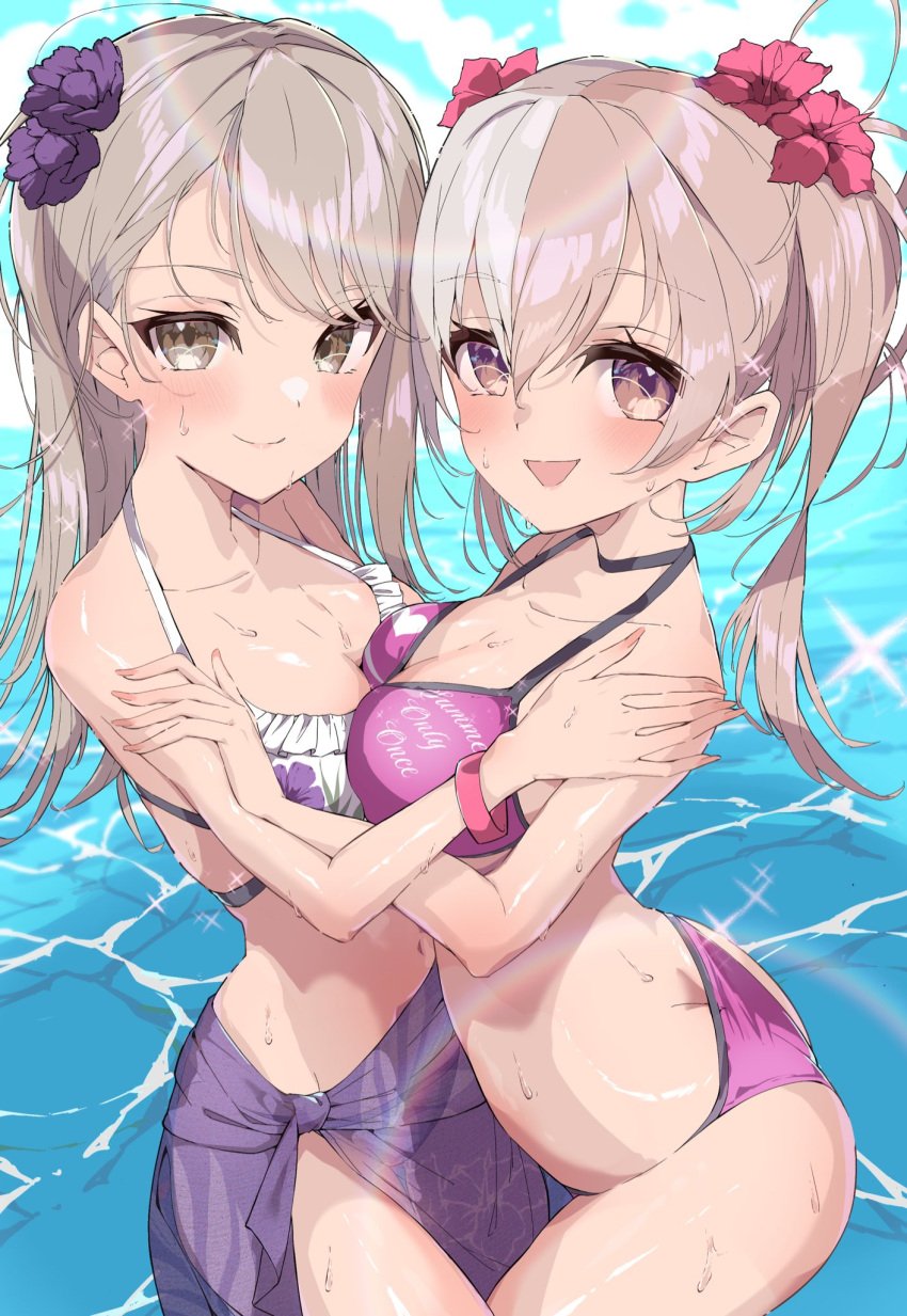 2girls ass bikini blush breasts d4dj dyna_(artist) english_text flower flower_in_hair hugging in_water looking_at_viewer multicolored_hair ocean pressing_breasts_together shinomiya_kokoa swimsuit tendo_hayate text text_on_clothing thighs water wet yuri