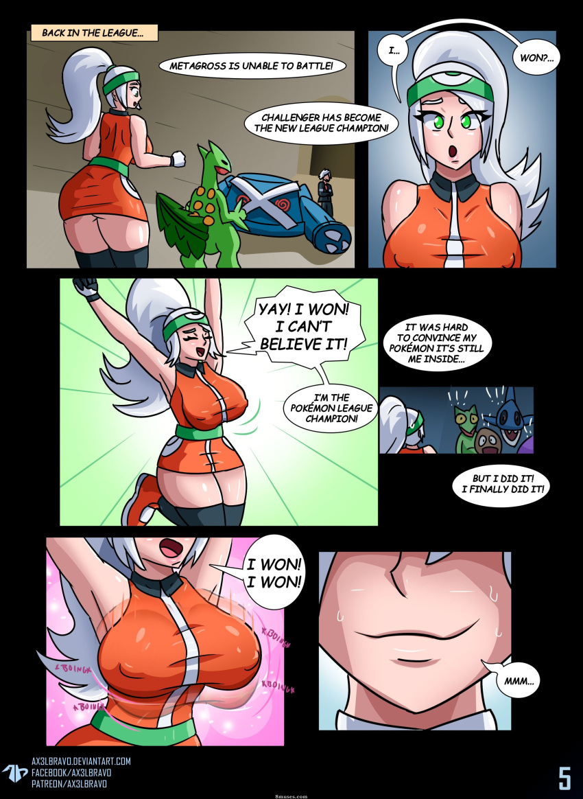 ax3lbravo big_breasts bouncing_breasts brendan_(pokemon) comic deviantart_username english_text facebook_username gender_transformation genderbend genderswap green_eyes jumping may_(pokemon)_(cosplay) may_(pokemon_emerald)_(cosplay) nipple_bulge nipples_visible_through_clothing page_5 patreon_username pokemon ponytail speech_bubble steven_stone_(pokemon) thick_thighs white_hair