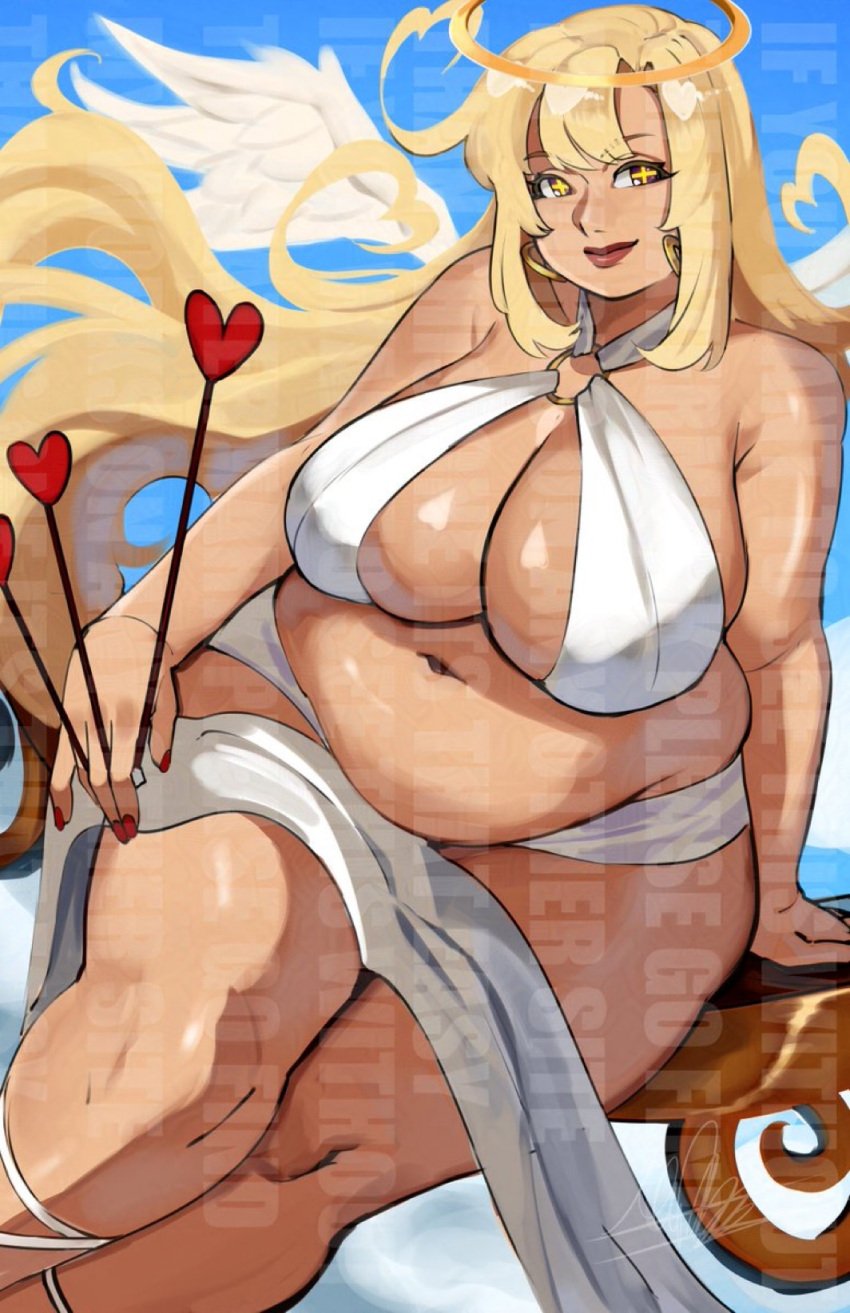 bbw blonde_hair character_request cleavage fat lipstick morbidly_obese navel toga