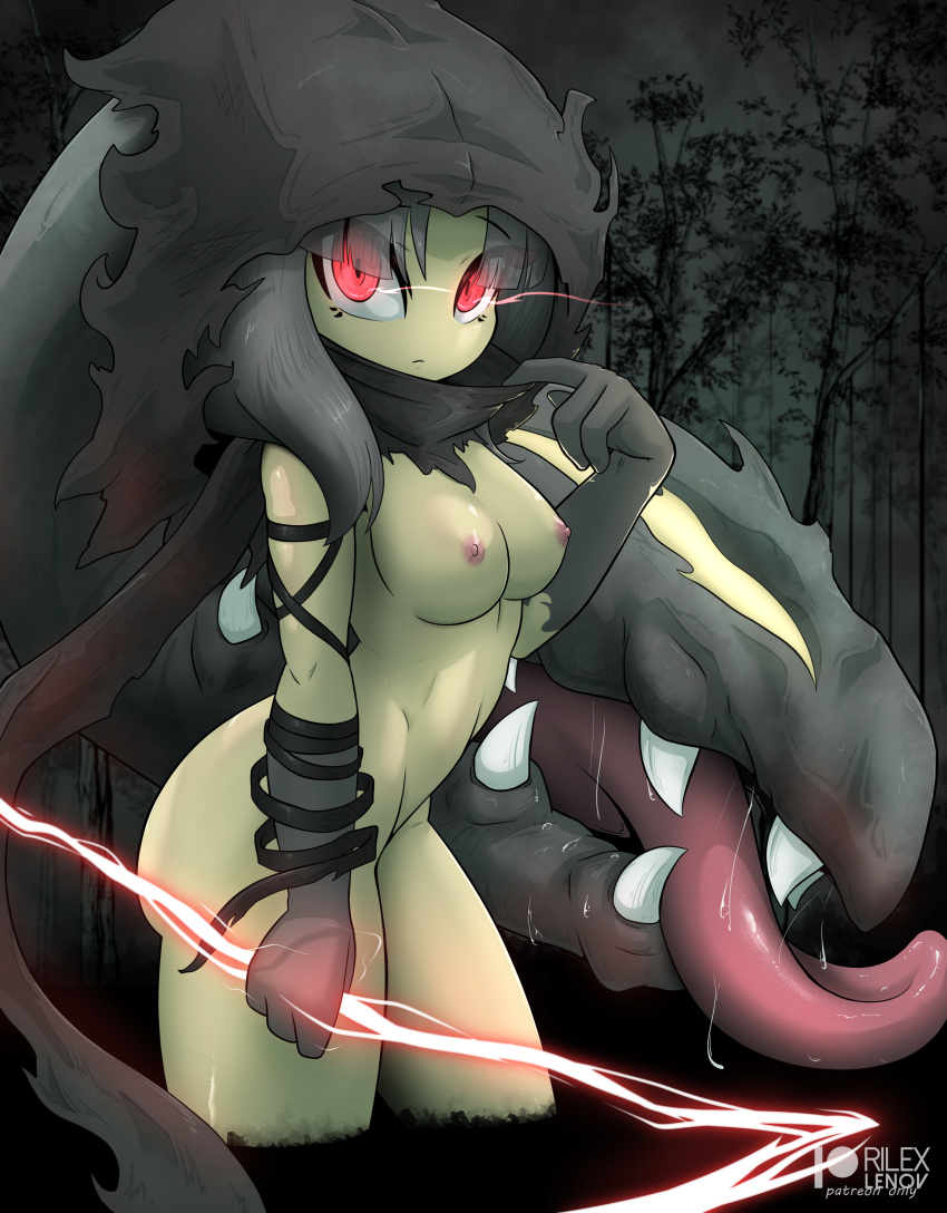 anthro breasts eyelashes female glowing_eyes hair hood lightning looking_at_viewer mawile pokemon pokemon_(species) red_eyes rilex_lenov saliva tongue