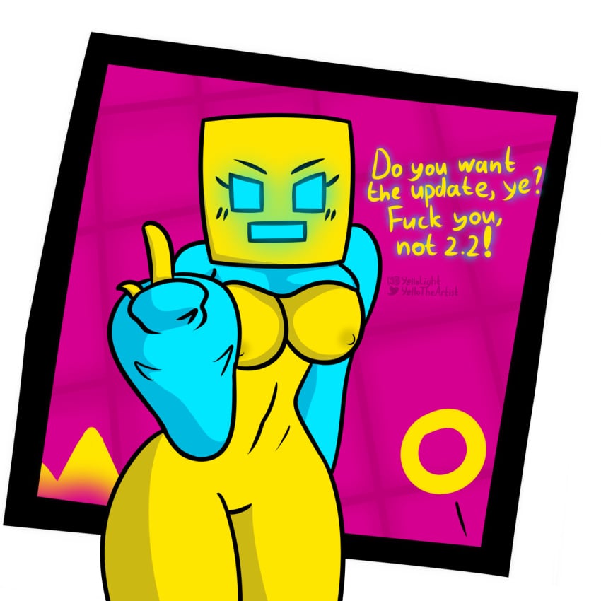 1girls almost_naked angry angry_face blue_eyes cube cube_4_(geometry_dash) female female_only geometry_dash middle_finger text yellolight yellow_skin