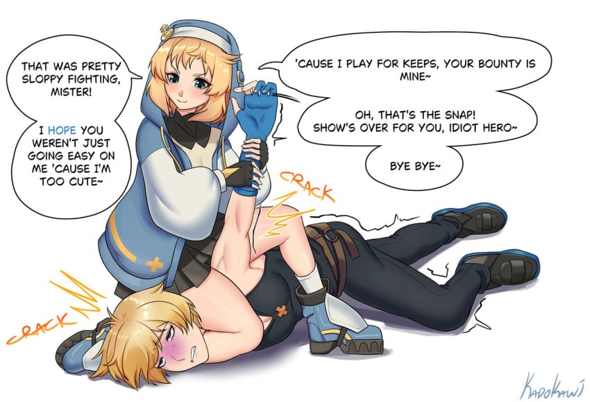 2boys armlock blonde_hair blue_eyes bounty_hunter bridget bridget_(guilty_gear) comic commission crossdressing cute cute_expression defeat defeated defeated_hero femboy feminine_male fight fighting girly guilty_gear headscissor humiliated humiliating humiliation kadokawi ky_kiske neck_break neck_snap otoko_no_ko shit_talking small_dom_big_sub smile smiling submission submissive suffocating suffocation taunting teasing teenager text text_bubble trash_talk wrestling