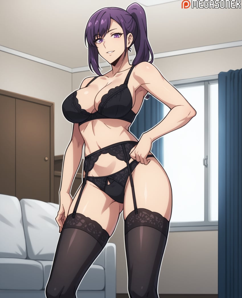 ai_generated bangs bed black_bra black_panties black_thighhighs bra breasts cleavage female garter_belt indoors large_breasts lingerie long_hair looking_at_viewer megasonek navel panties patreon_username ponytail purple_eyes purple_hair smile solo solo_leveling standing sung_jin-ah thighhighs underwear underwear_only watermark window