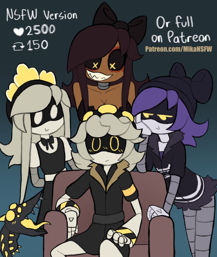 1boy 3girls 3girls1boy blushing_male bow breasts clothing collar couch cyn_(murder_drones) dark_hair glitch_productions mikansfw murder_drones murder_drones_x_humans n_(murder_drones) possessed possession robot robot_boy robot_girl silver_hair sitting sitting_on_chair sucking surprised surrounded surrounded_by_women tessa_elliot undead uzi_(murder_drones) white_eyes yellow_eyes