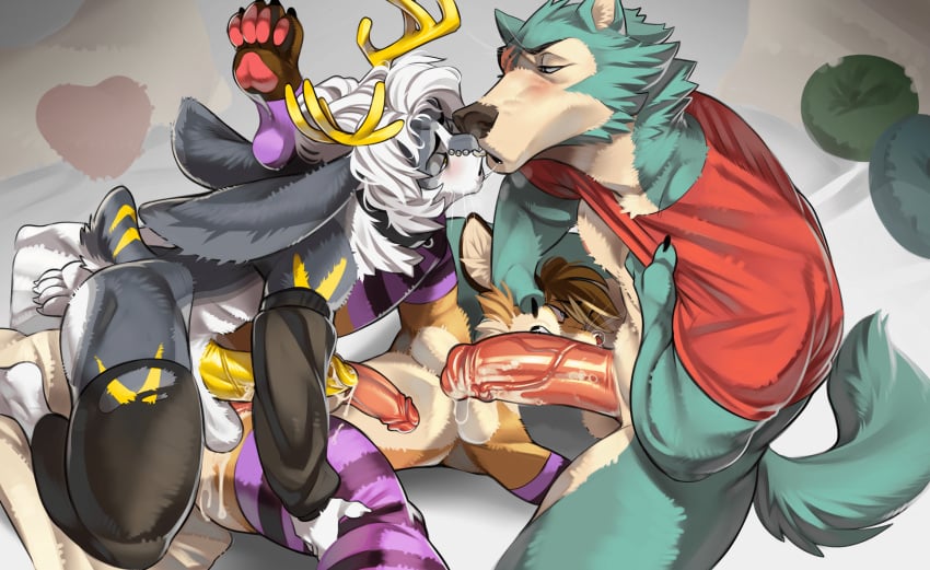 anal anthro antlers arm_warmers armwear beastars big_ears big_penis bodily_fluids canid canine canis canon_x_oc closed_eyes clothing cum cum_in_mouth cum_inside dash_(dashbun) eye_contact eye_scar facial_piercing facial_scar fangs fellatio femboy french_kissing fur genital_fluids genitals grey_body grey_fur group group_sex hair hi_res horn humanoid_genitalia humanoid_penis jackalope kissing lagomorph legoshi_(beastars) legwear legwear_only leporid long_ears looking_at_another male male/male mammal momo_(mymyamoo) mostly_nude muscular muscular_anthro muscular_male nose_piercing nose_ring oral pattern_clothing pattern_legwear pattern_stockings pawpads penile penis piercing predator/prey pull_out rabbit ring_piercing saliva saliva_string scar sex shirt sindenbock spitroast stockings stockings_only striped_clothing striped_legwear striped_stockings stripes t-shirt teeth threesome topwear torn_clothing torn_legwear torn_stockings trio whiskers white_hair wolf yellow_penis