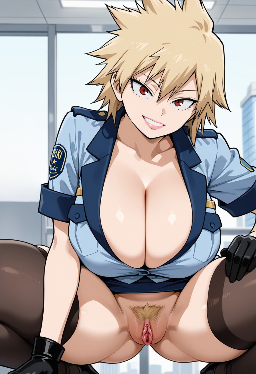 ai_generated anime anime_character anime_milf anime_style animestyle bakugou_mitsuki big_ass big_breasts big_butt boku_no_hero_academia cleavage gloves labia milf mitsuki_bakugou mommy my_hero_academia police police_uniform policewoman robotkesh seductive showing_pussy spread_legs squatting stockings teasing thick_thighs uniform upskirt wide_hips