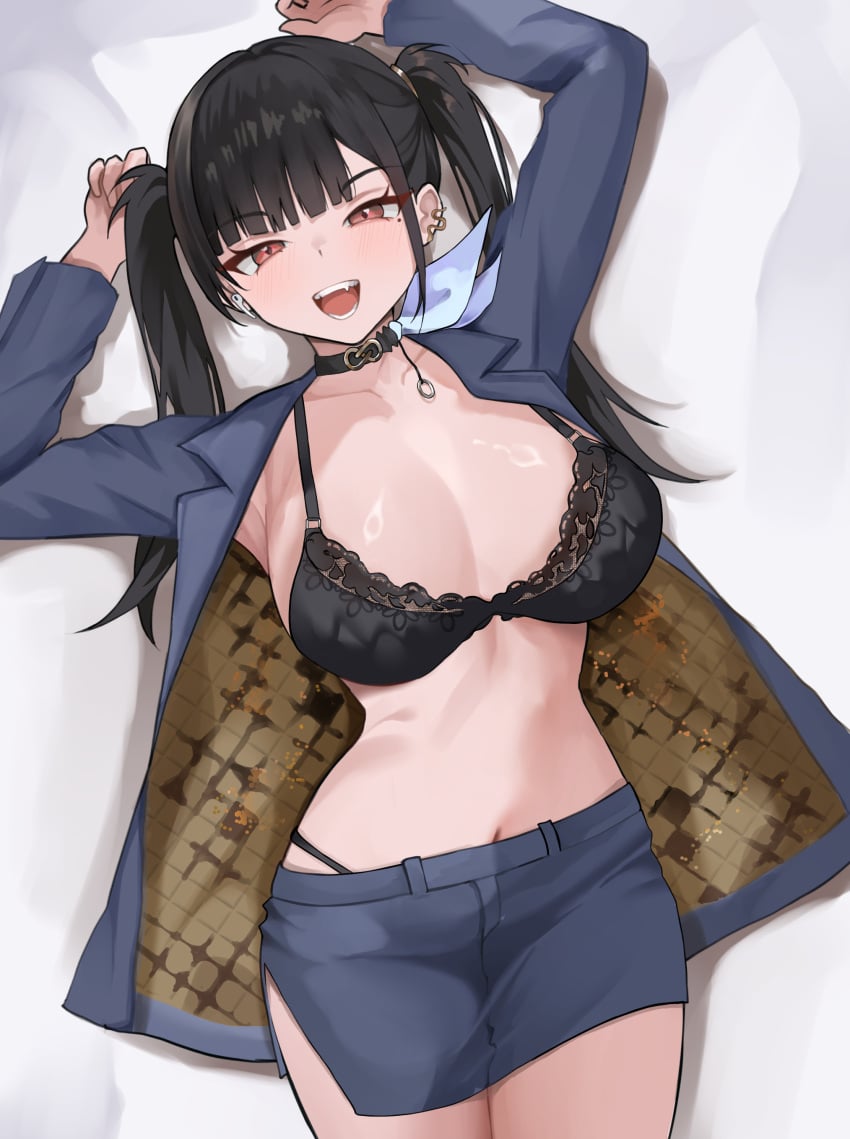 1girls :d absurdres arms_up black_bra black_choker black_hair black_jacket black_panties black_skirt blunt_bangs blush bra breasts brown_eyes choker collarbone commentary cowboy_shot earbuds earphones earrings english_commentary female fiftya floral_print goddess_of_victory:_nikke gradient_background grey_background half-closed_eyes highres jacket jewelry large_breasts long_hair long_sleeves looking_at_viewer lying miniskirt mole mole_under_eye navel oerba_yun_fang on_back open_clothes open_jacket open_mouth paid_reward_available panties panty_straps pencil_skirt pendant_choker print_bra side_slit single_earphone single_earring skirt smile snake_earrings solo sora_(nikke) stomach string_panties twintails two-tone_background underwear white_background