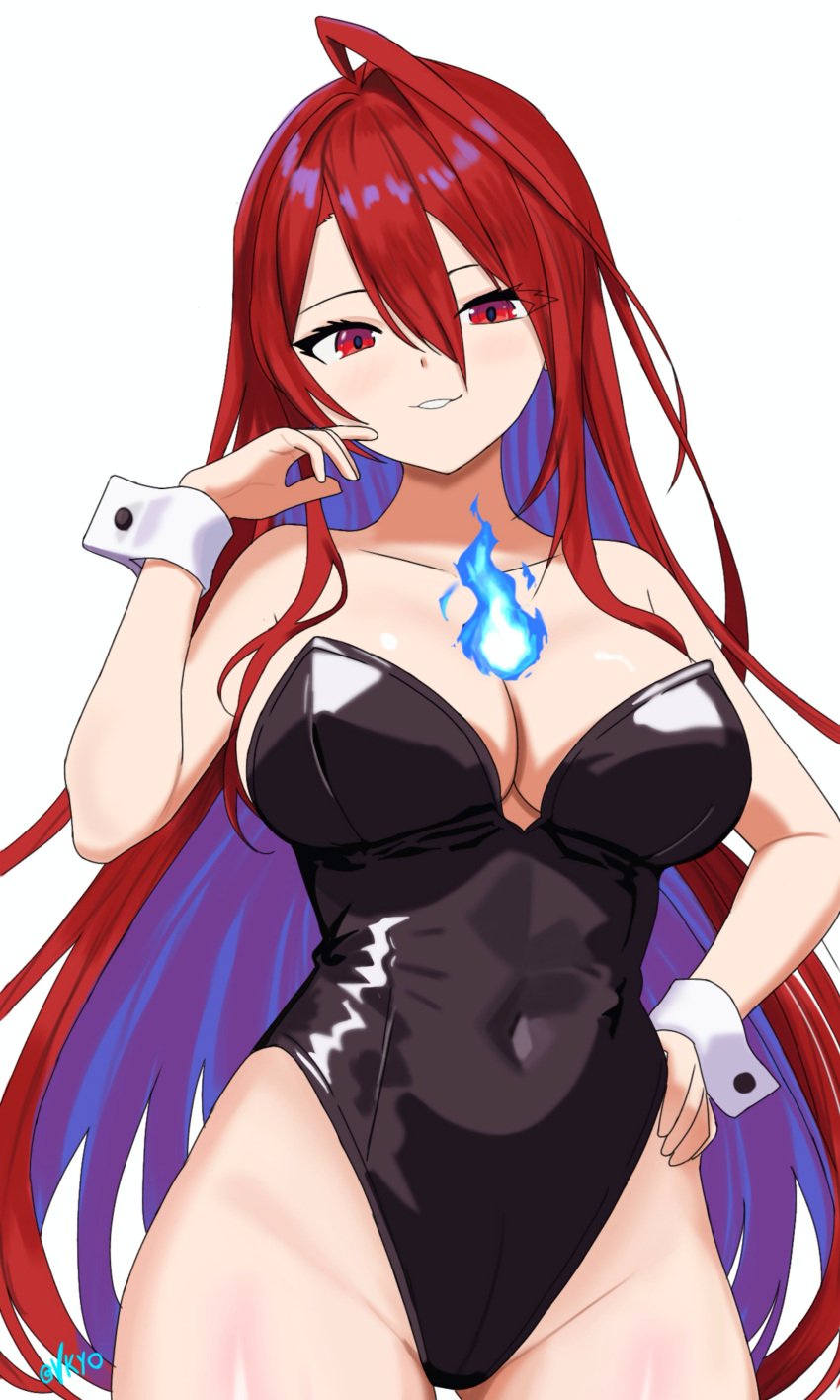 ahoge big_breasts black_bunnysuit blue_flame blue_hair breasts british british_female bunnysuit confident confident_female confident_smile crimson_eyes crimson_hair elizabeth_rose_bloodflame hololive hololive_english hololive_english_-justice- light-skinned_female light_skin long_hair pov red_eyes red_hair reflection reflective_body reflective_clothing sexy smile smiling smiling_at_viewer thick_thighs tummy vkyo_(artist)