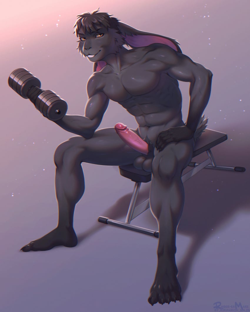 2025 5_toes abs anthro artist_name balls biceps biped black_body black_fur black_hair claws colored erection exercise feet fingers front_view full-length_portrait fur genitals glans hair hi_res holding_dumbbell humanoid_feet humanoid_genitalia humanoid_hands humanoid_penis lagomorph leporid looking_at_viewer male mammal muscular muscular_anthro muscular_male nude_anthro nude_male orange_eyes pecs penis plantigrade portrait pose rabbit rager-ermare shaded shadow short_hair simple_background sitting smile solo teeth text toe_claws toes weight_bench weightlifting workout