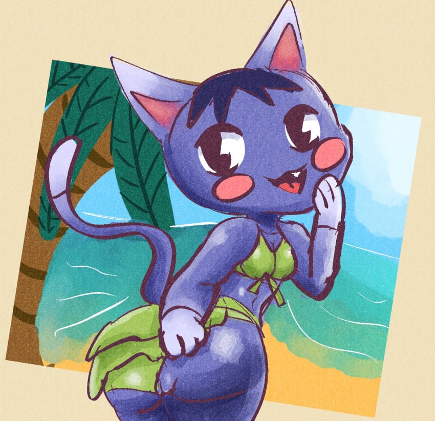 2025 3_fingers animal_crossing anthro ass beach bikini bikini_skirt biped blue_body blue_fur blush blush_stickers clothing clothing_aside clothing_pull cute_fangs digital_media_(artwork) dipstick_ears dipstick_tail domestic_cat ear_markings exhibitionism fangs felid feline felis female fingers fur genitals gloves_(marking) green_bikini green_clothing green_swimwear hair hand_on_face handpaw hi_res humanoid_genitalia humanoid_pussy layered_bikini looking_at_viewer looking_back mammal markings multicolored_ears nintendo one_fang open_mouth open_smile outside palm_tree paws pink_inner_ear pinup plant pose presenting presenting_hindquarters presenting_pussy pussy raised_tail rear_view rosie_(animal_crossing) ruffled_bikini sea smile solo swimwear swimwear_aside swimwear_pull tail tail_markings teeth tongue tree two-piece_swimsuit unknown_artist water